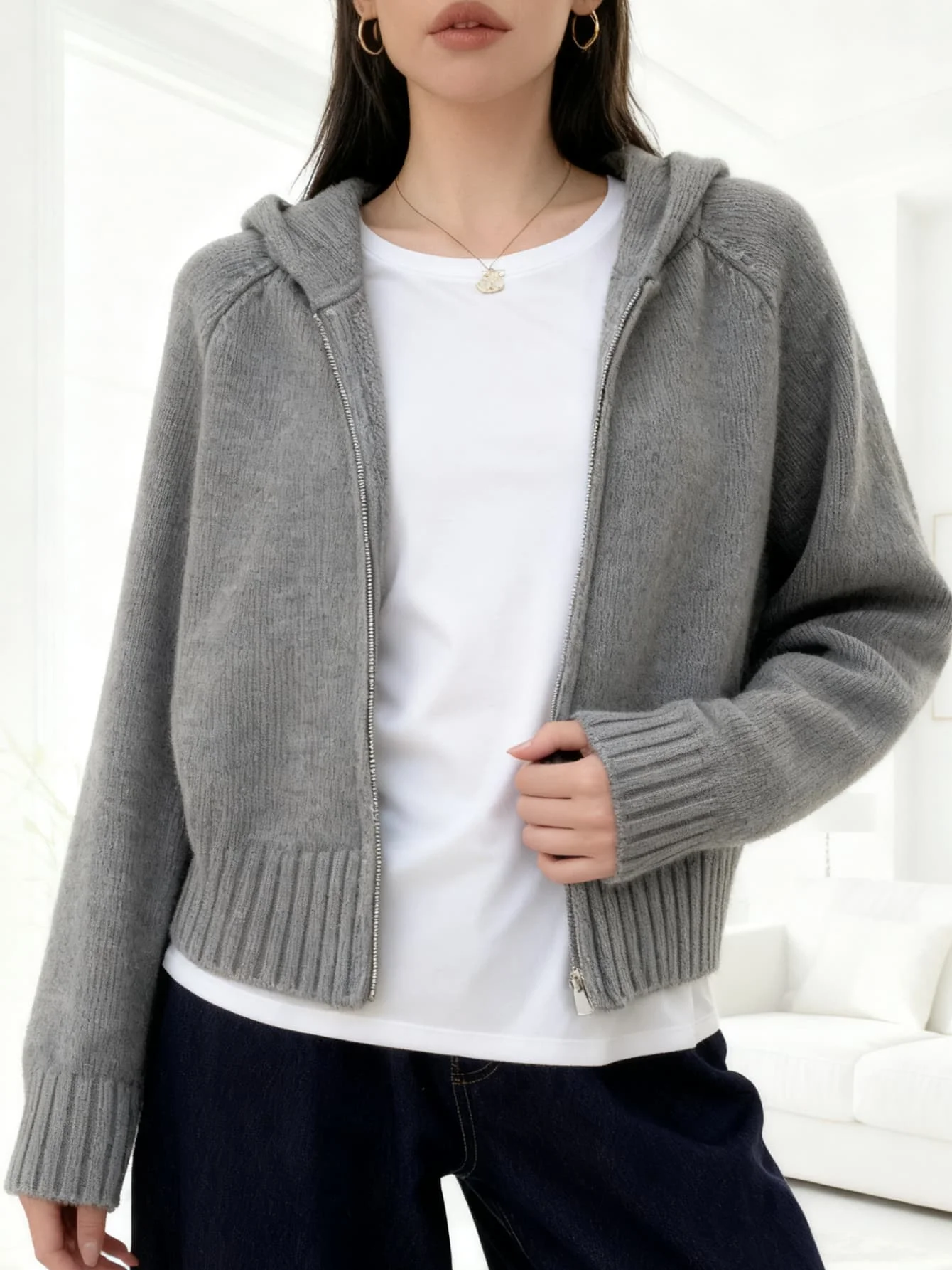 

Осенне-зимний модный вязаный кардиган с капюшоном и двойной молнией, разноцветный свитер с карманами, женский свитер с длинными рукавами