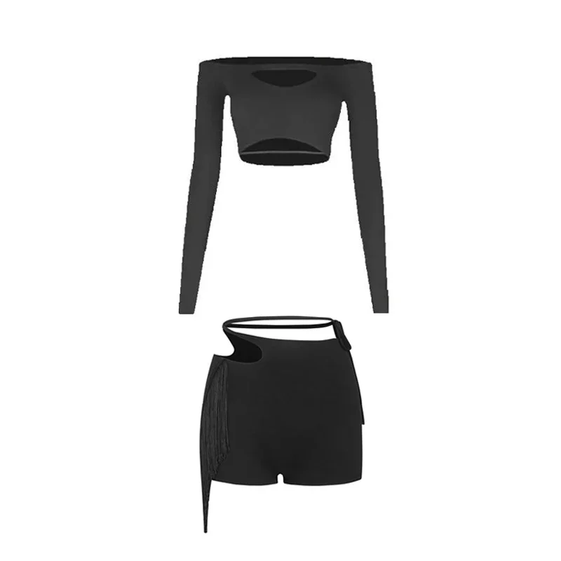 Traje de baile latino Sexy para mujer, Top latino de manga larga, pantalones cortos con flecos, ropa de competición de baile latino para adultos, ropa de práctica 2025