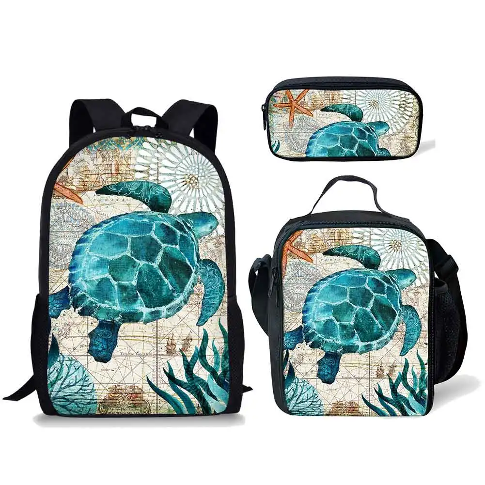 Classic Popular Funny Turtle Pattern 3D Printed 3pcs/Set pupil School Bags Laptop Daypack Backpack Lunch bag Pencil Case