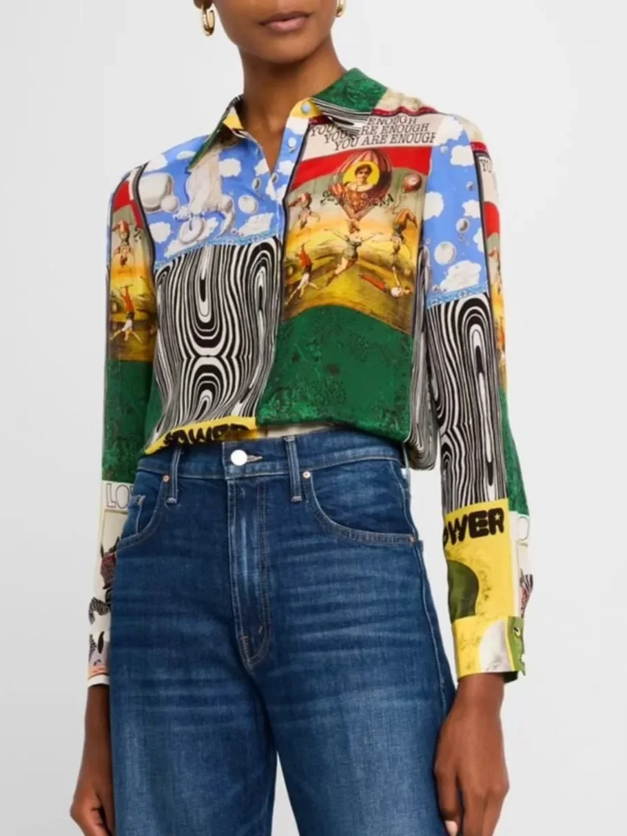 

Women Retro Print 100% Silk Shirt Turn-down Collar Long Sleeve Single Breasted Fashion Vintage Blouse
