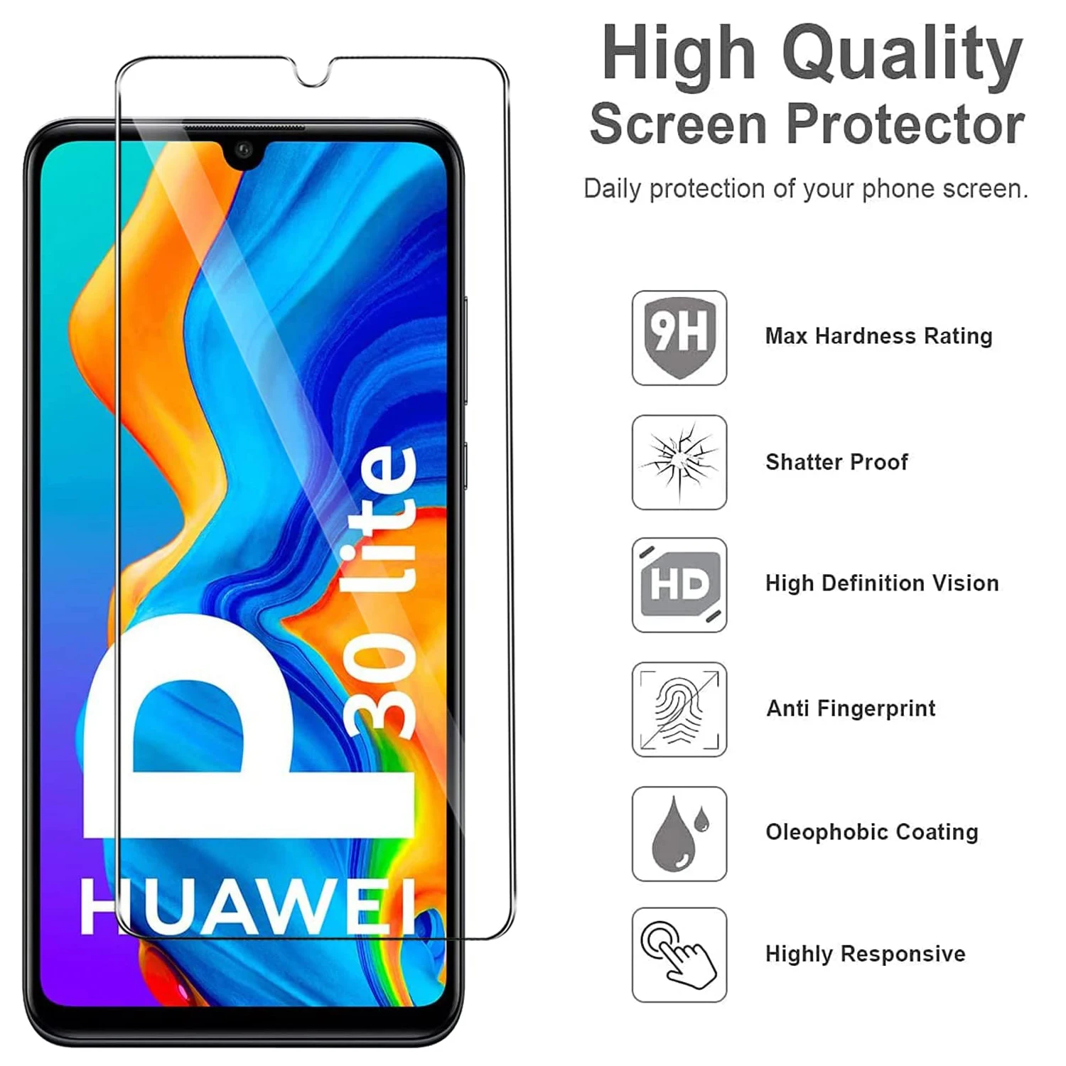 Screen Protector For Huawei P30 Lite, Tempered Glass HD Crystal 9H Anti Scratch Case Friendly High Aluminum