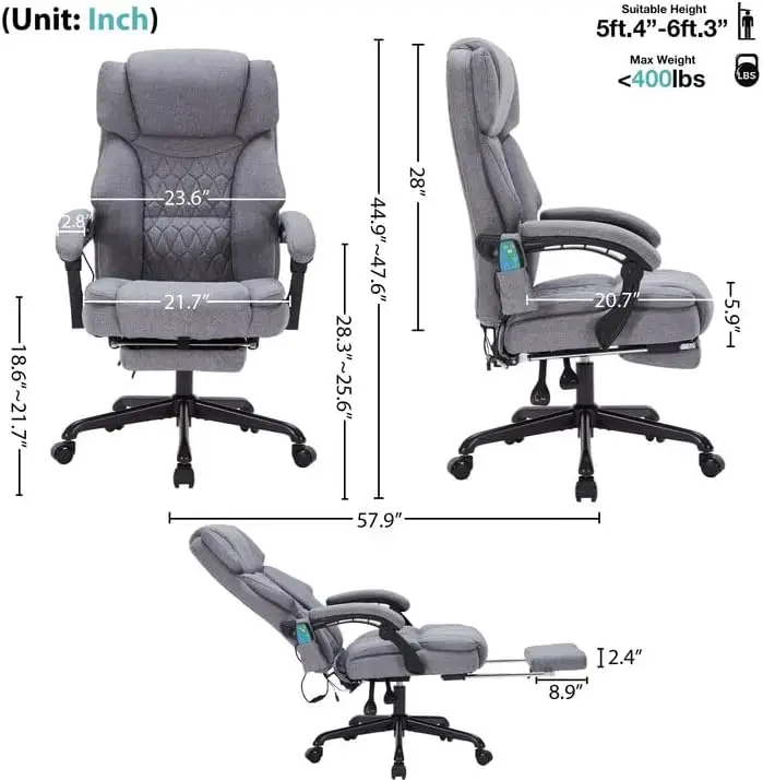 Massage Office Chair with Foot Rest 6 Points Vibration and Heat Home Office Desk Chairs for Heavy People 400lbs  (Grey)