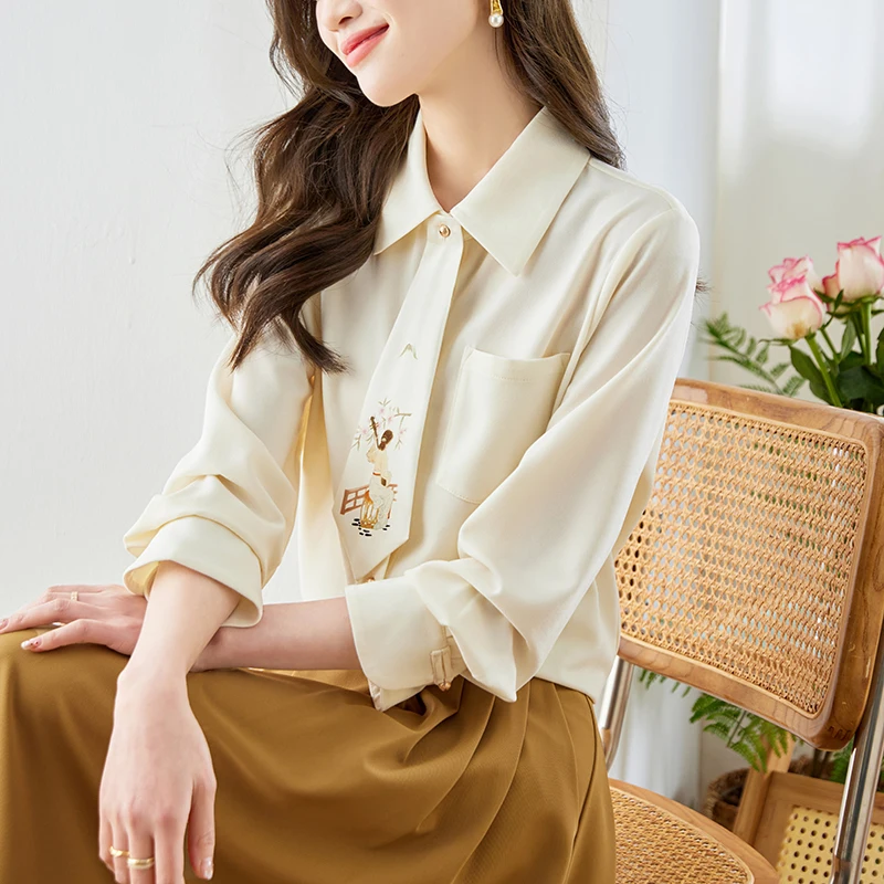 

QOERLIN Printed Tie Turn-Down Collar Long Sleeve Apricot Elegant Women Shirts New Button Up Blouses Fashion Casual Tops Shirt