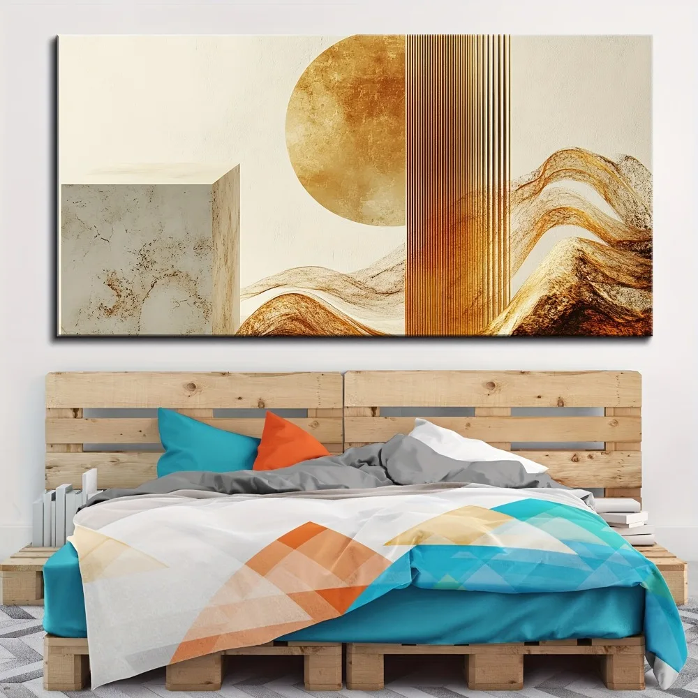 1.5 inch thick pine solid wood frame, mural canvas painting, gold geometric pattern poster, suitable for living room decoration