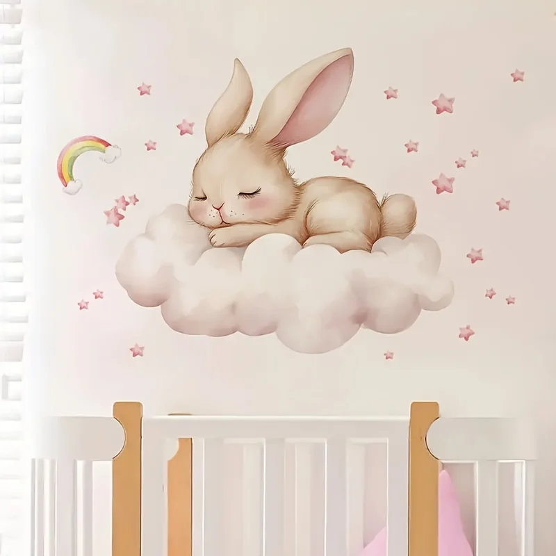 1 Modern Watercolor Sleeping Rabbit Wall Sticker, Suitable for Bedroom and Living Room, Self-Adhesive Glass Surface, Pink Room Home Decor
