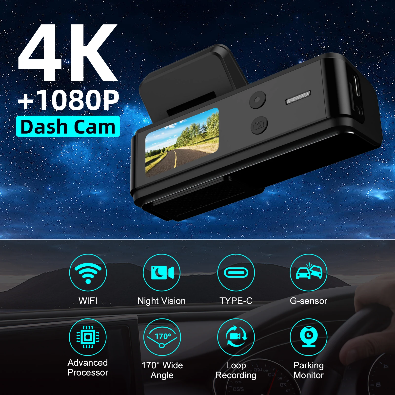 QOZ UHD 4K Dash Cam for Car Camera Night Vision With GPS WiFi 24h Parking Loop Record 4K Front and 1080P Rear Dual Lens