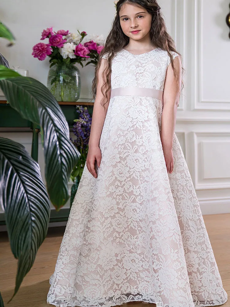 Robe élégante en dentelle à fleurs pour filles, taille de couleur personnalisée, jupe longue à col en V pour enfants, occasion formelle, Rh, mariage, gala