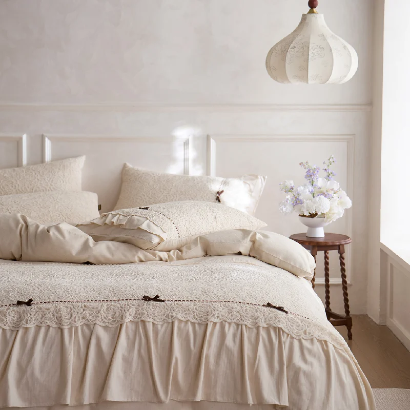 

French Style Linen Cotton Lace Trim Bedding Set 4-Piece, Skin-Friendly Soft Rustic Comfortable All-Season Duvet Cover Sheet Set