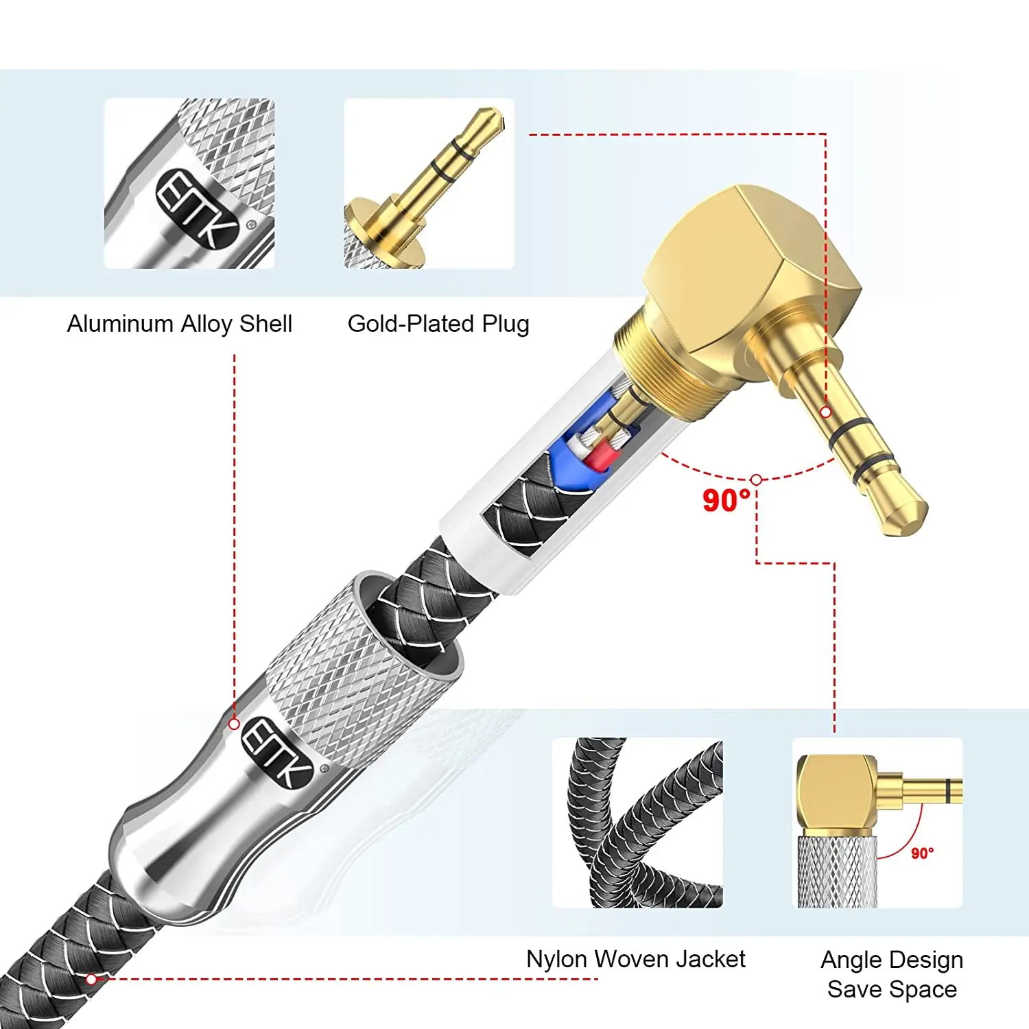 EMK kąt prosty przewód AUX 90 stopni 3.5mm kabel Audio Stereo z męskiego na męskie przewód Aux do laptopów, tabletów, samochodów/domu Aux Stereo