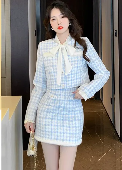 Autumn Fashion Small Fragrant Elegant Blue Plaid Tweed Outfits Women Long Sleeve Short Jacket + Bodycon Mini Skirt 2 Pieces Set