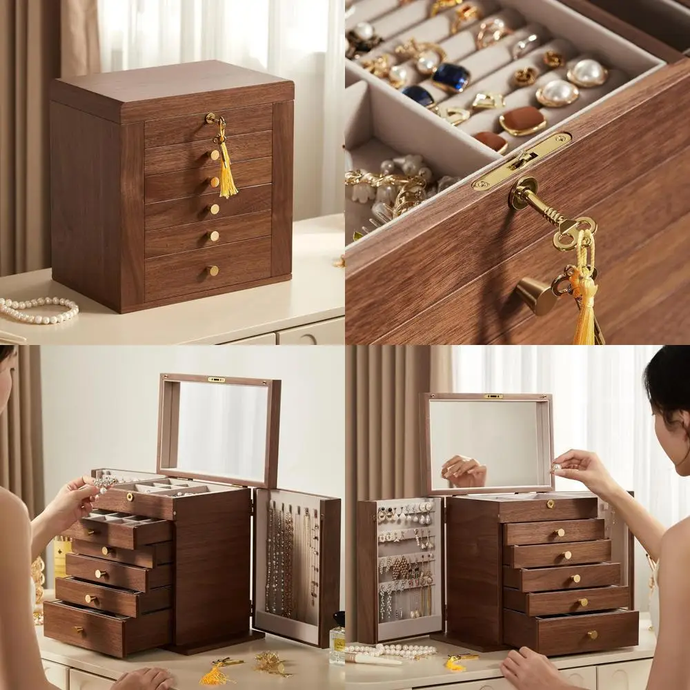 

Classical 6-Tier Wooden Jewelry Box with Mirror, Lockable, and Side Doors for Watches and Necklaces