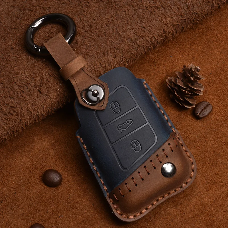 Crazy Horse Leather Car Key Case for VW Volkswagen Tayron LAVIDA SAGITAR Tiguan Magotan Passat  Remote Cover Accessories