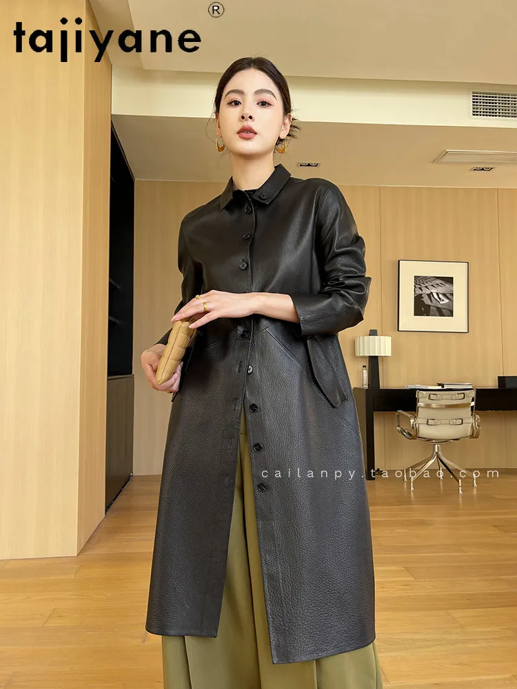 TAJIYANE ヤギ革レザージャケット女性ロングカジュアルトレンチコート本革ジャケット 2026 秋女性服 дубленка женская