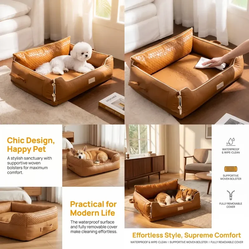New High End Solid Dog Bed for Small Medium Dogs All Season Square Sponge Filled Backrest Removable Cover No Assembly