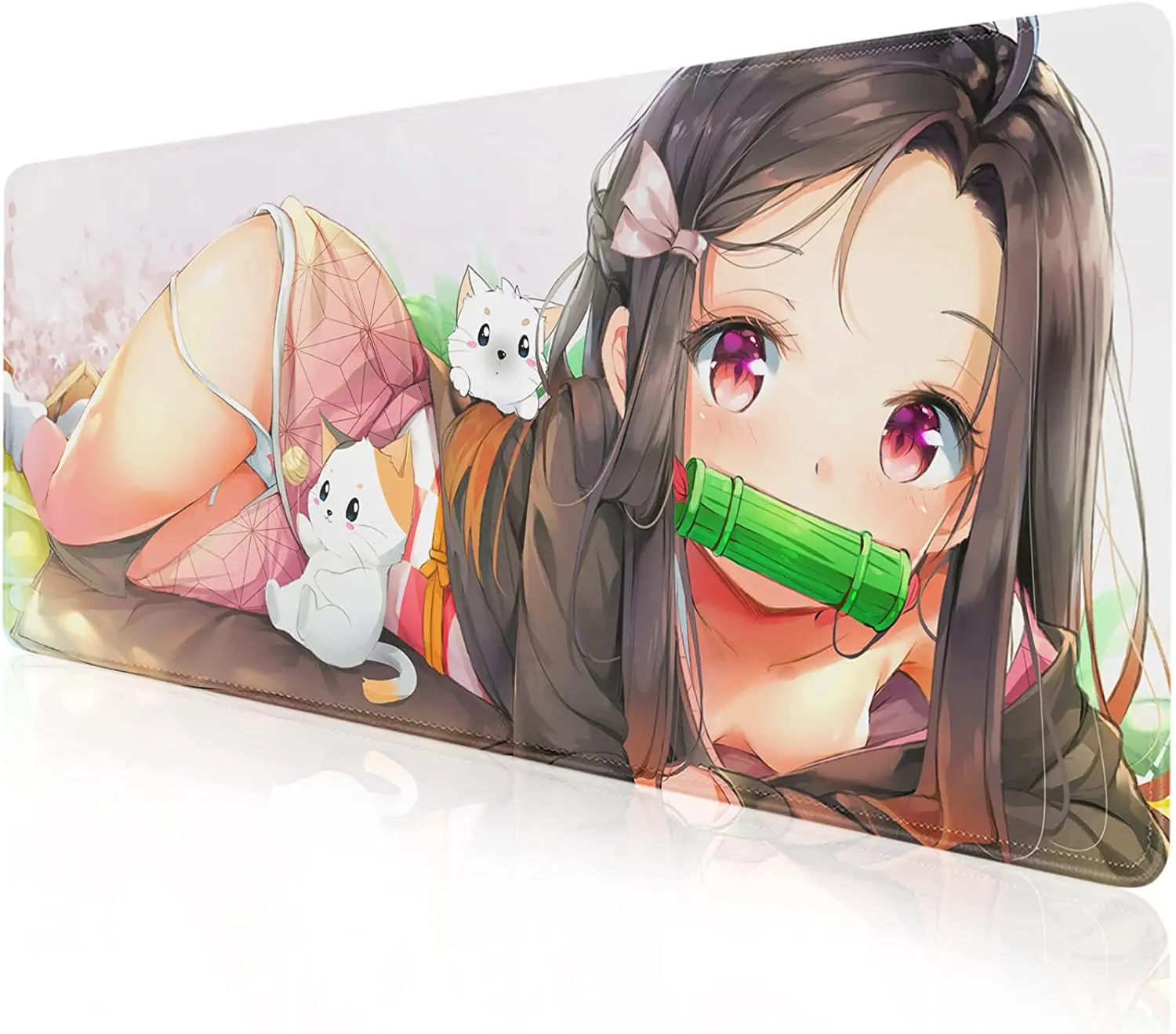 Bantalan Mouse Besar Nezuko Kamado untuk Alas Mouse Anime Gaming Dasar Karet Anti Selip untuk Komputer Tepi Dijahit Bantalan Mouse Demon Slayer