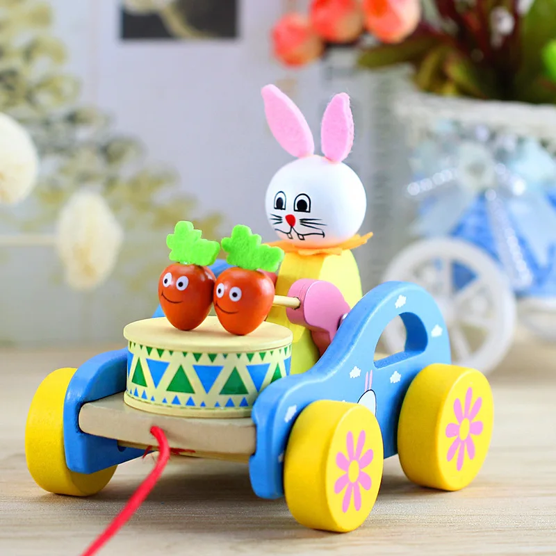 Wooden Children's Cartoon Cute Rabbit Small Hand-pull Car Toys 0-3 Years Old Baby Fun Small Animal Baby Walkers Pull-wire Toys