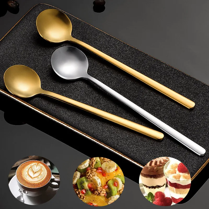 Long Handle Stainless Steel Small Round Spoon Teaspoon Stirring Spoon Coffee Scoop Fruit Dessert Ice Cream Spoons Kitchen Tools