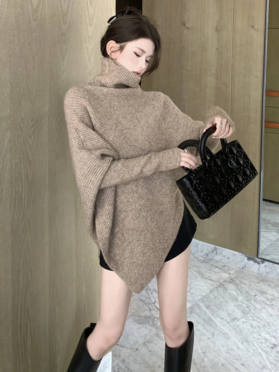 Korean Style High Collar Loose Batwing Sleeve Top Women's Fashion Autumn Winter Versatile Comfortable Polyester Blend Sweater