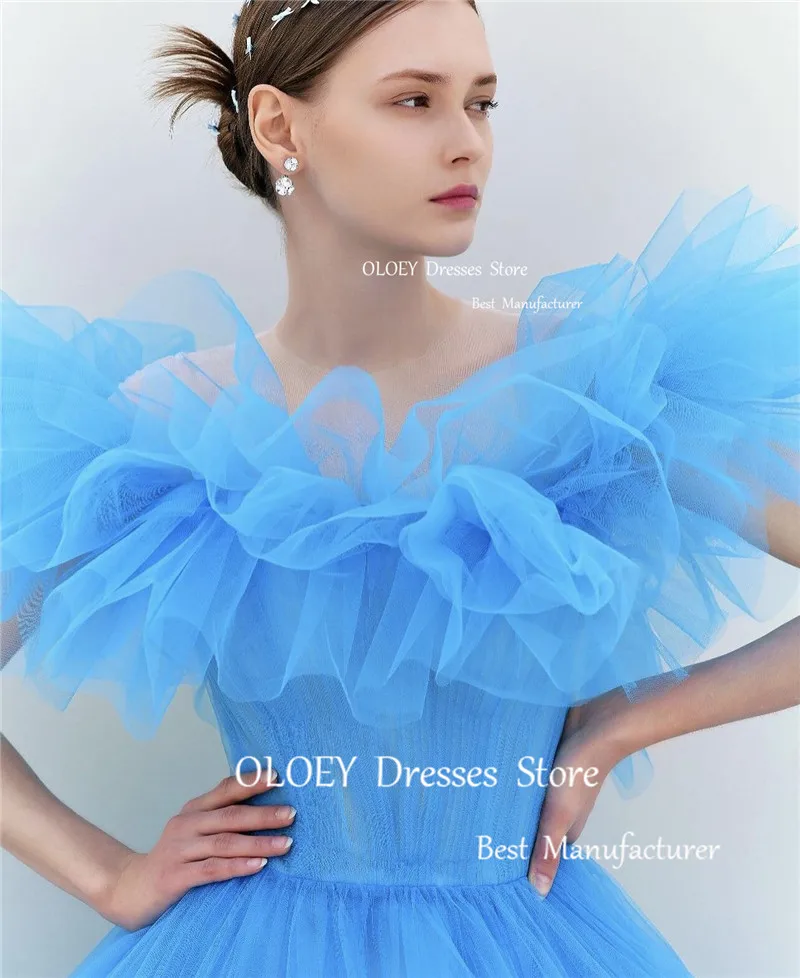 OLOEY Gorgeous Blue Tiered Ruffles Tulle Prom Evening Dresses For Wedding Photoshoot Korea Off the Shoulder Layered Party Gowns