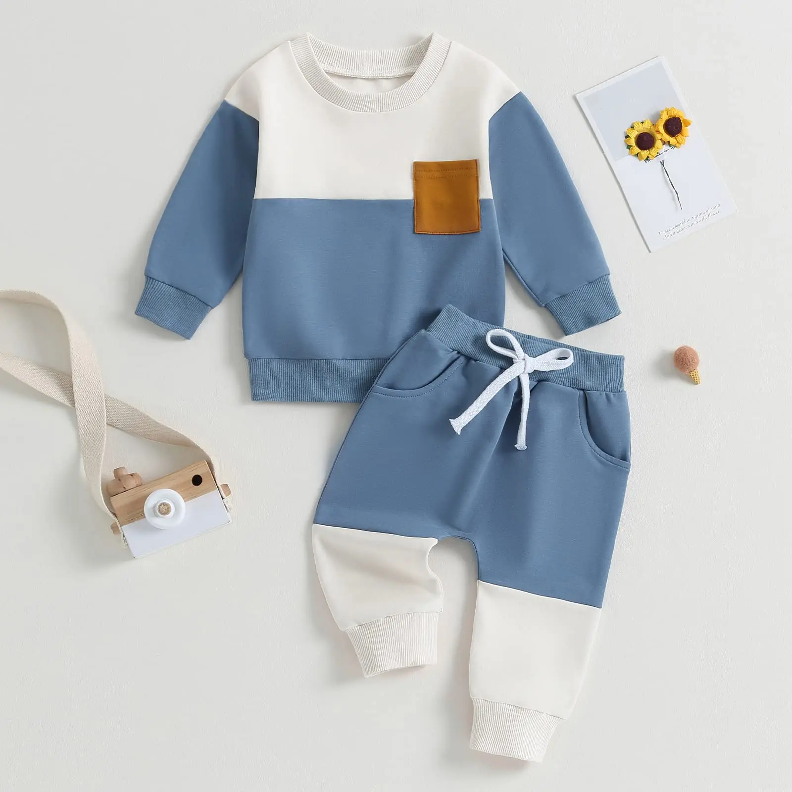 

2-Piece Baby Toddler Blue-White Color Block Set (Hoodie + Pants) Simple Casual Style Infant Clothing Ensemble