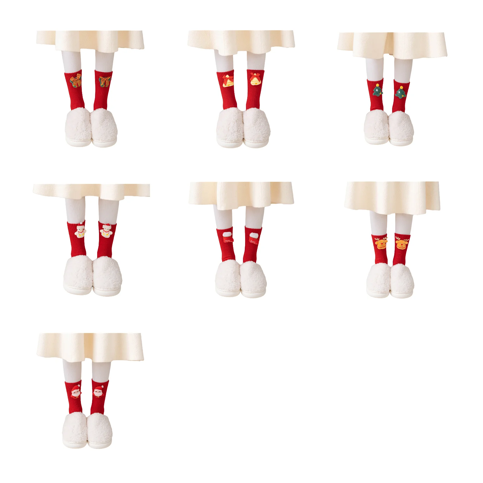 

Christmas themed 7-pair women's terry mid-calf socks set (red socks with bells/Christmas tree/snowman/shoes/elk/Santa Claus)