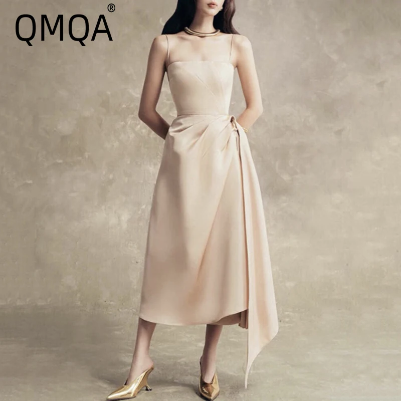 QMQA Fashion Women's Evening Camisole Dress Irregular Waist Solid Color Sleeveless Elegant Party Dresses 2025 Spring New 1A802