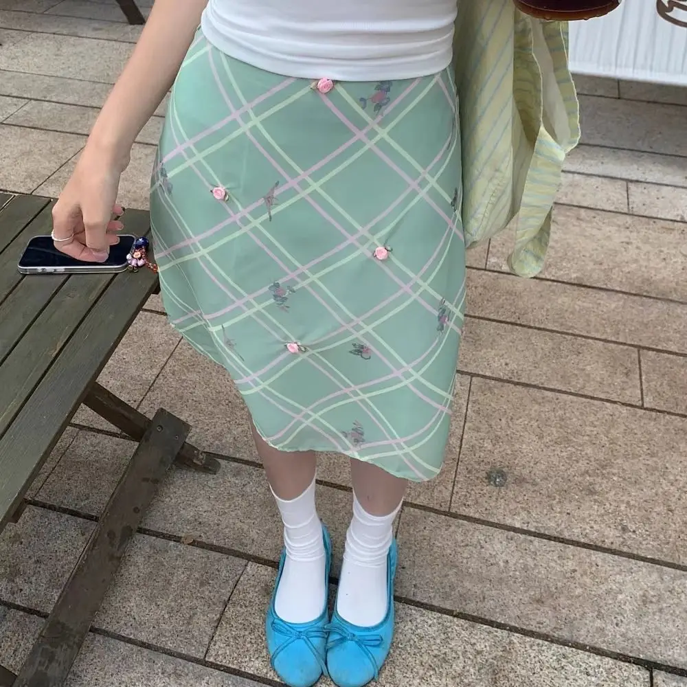 

Korejpaa Elegant Woman Skirt 2025 Summer New 3D Flower Argyle High Waist Slimming Midi Skirts Gentle Sweet Faldas Largas