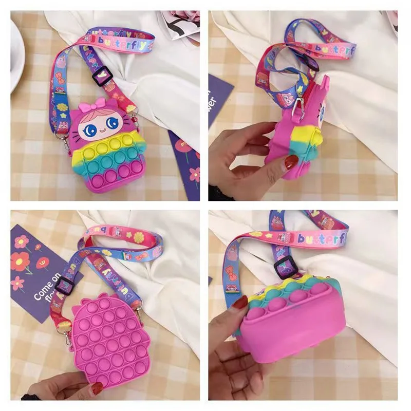 Kawaii Mini Anime Silicone Bags for Girls Backpack Decompression Toy Coin Purse Simple Dimple Crossbody Bags Fidget Toys Popite