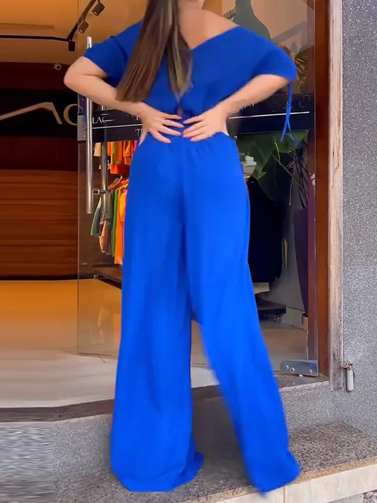 Drauuing Women Round Neck Top And Pants Set Female Office Chic Blue Trouser Two Piece Set Pocket Wide Leg Pants Outfits 2024 New