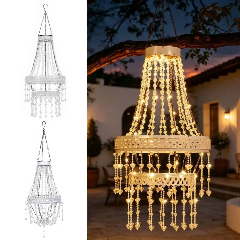 Waterproof Solar Hanging Lantern Crystal Acrylic Modern Design Solar Chandelier Metal Frame Simulated Bead Accents