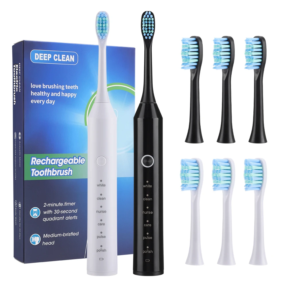 Smart Rotating Timing Electric Toothbrush 6 Modes Rechargeable Rotary Toothbrush With 4 Replacement Brush Heads Teeth Whitening