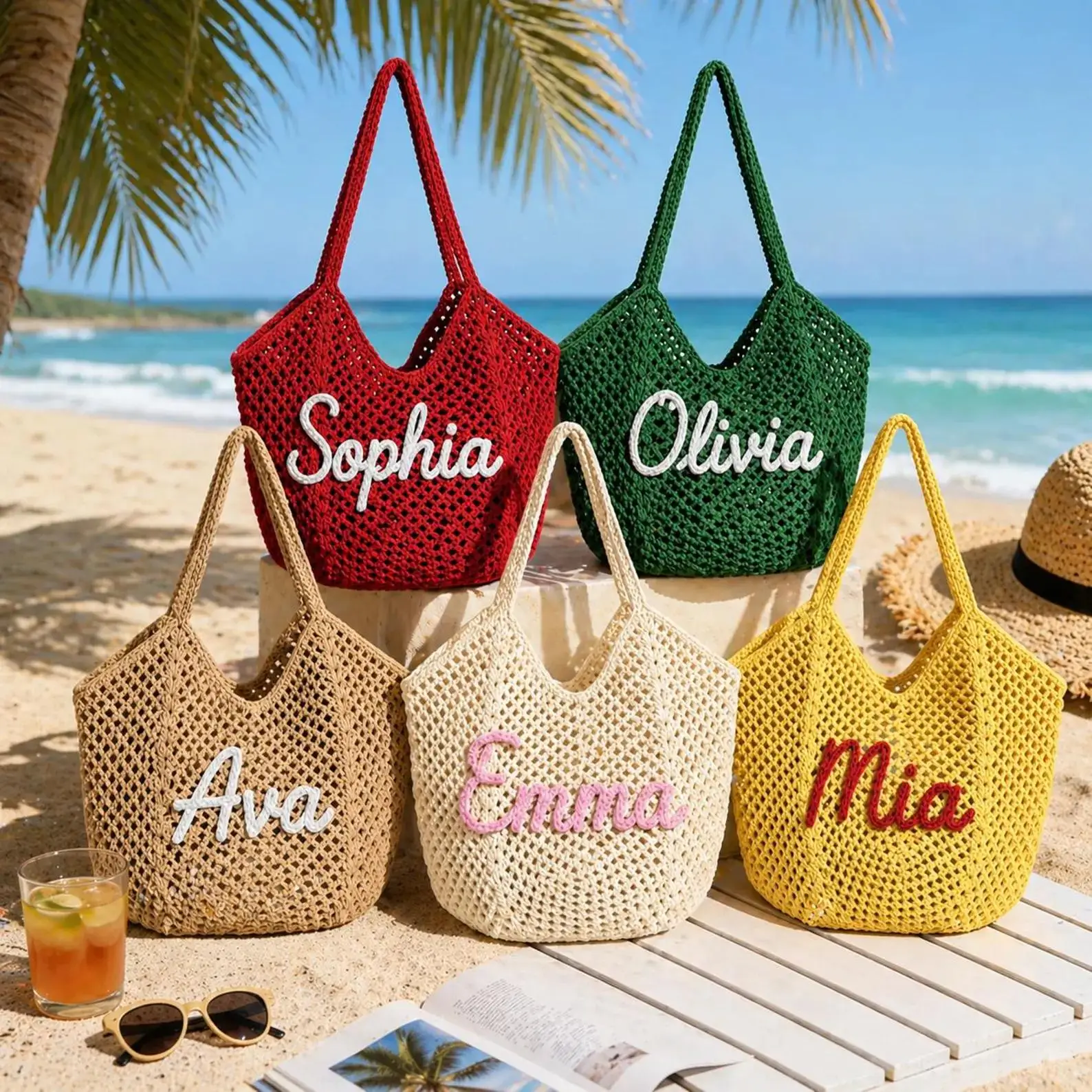 Personalized Beach Tote Bag, Custom Name Hand Embroidery Beach Bag, Summer Tote Bag, Bachelorette Party Gift,