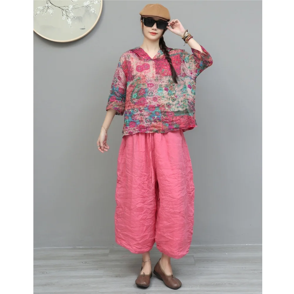 

Artistic Ramie Suit Women Summer Floral Print Hooded Mid-sleeve Top + Loose Casual Cropped Wide-leg Pants Two-piece Set XY177