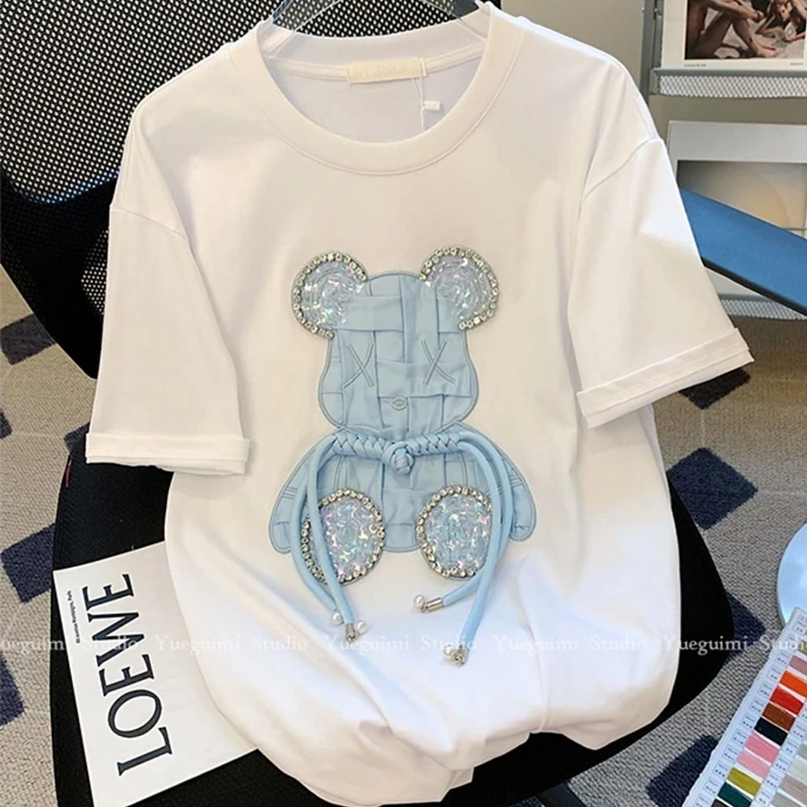 Luxury Embroidery Bear Diamond T Shirts Cute Cartoon Summer Tee Tops High Quality Cotton Short Sleeve Kawaii Clothes Korean 2023