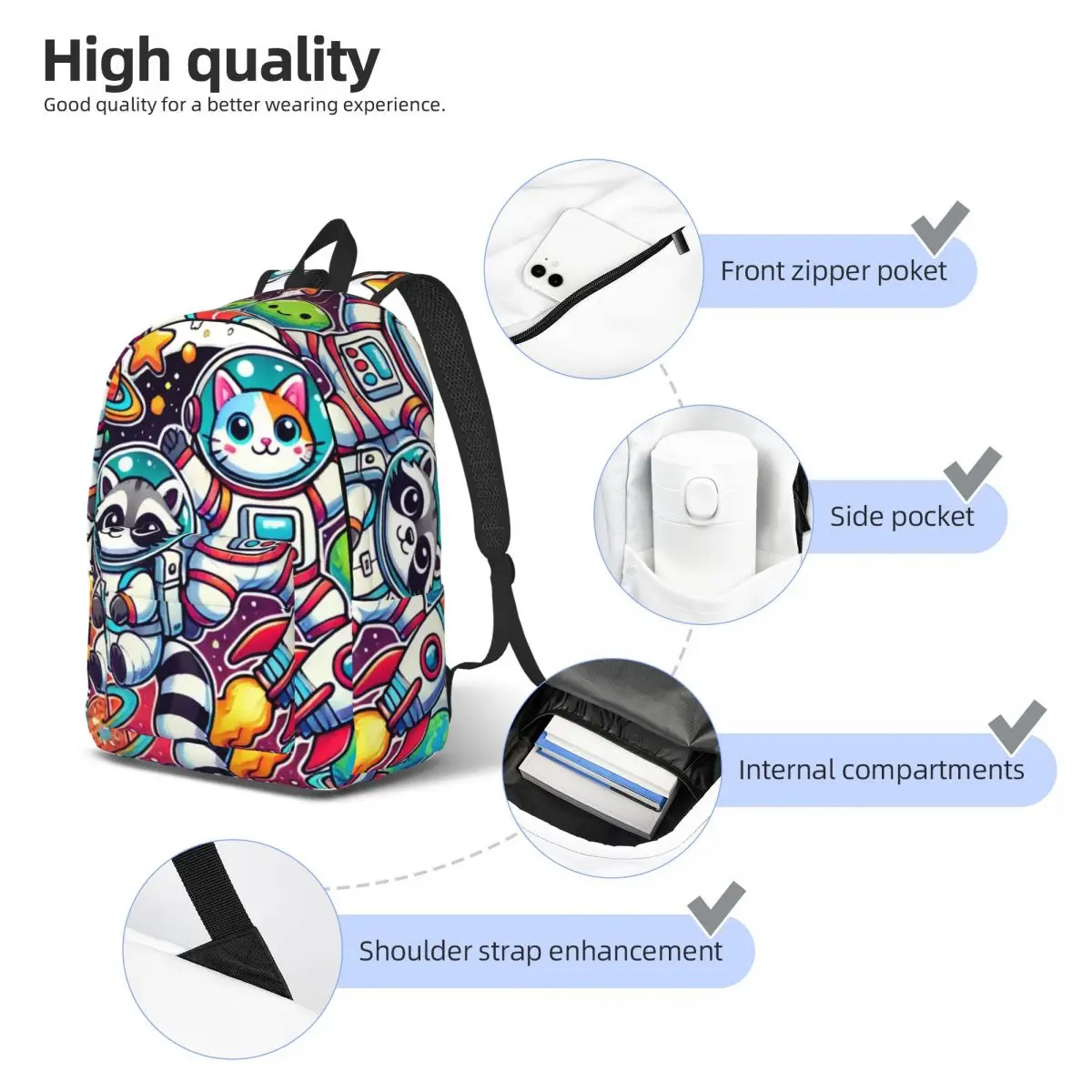 Cosmic Critters Raccoon  Cat Astronauts Casual Canvas Backpack  Multi-Compartment Lightweight Bag for School Hiking and Everyday