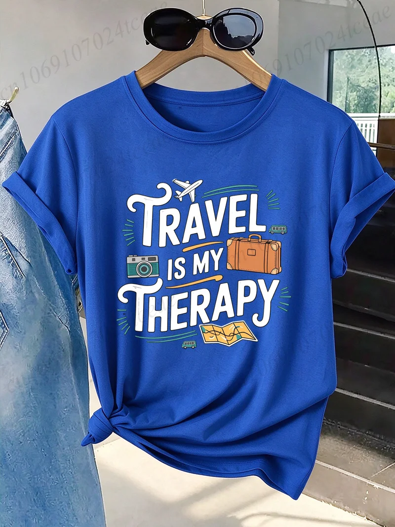 Vintage Airplane Camera Graphic T Shirt Travel Is My Therapy Print T-Shirt Vacation Travel Lover Tops  Summer Women's Clothing