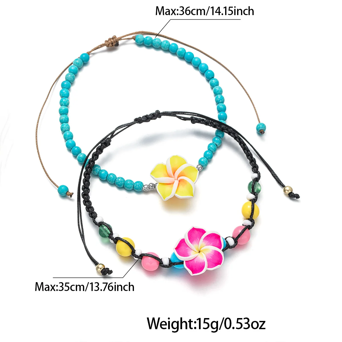 2-piece Women's Beach Resort Style Anklet Set, Plumeria Faux Turquoise Beaded Anklet