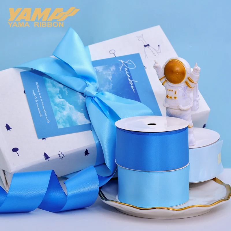 YAMA 50 57 63 75 89 100 mm 100yards/lot Blue Ribbons for Party Wedding Decoration Handmade Rose Flowers Double Face Satin Ribbon