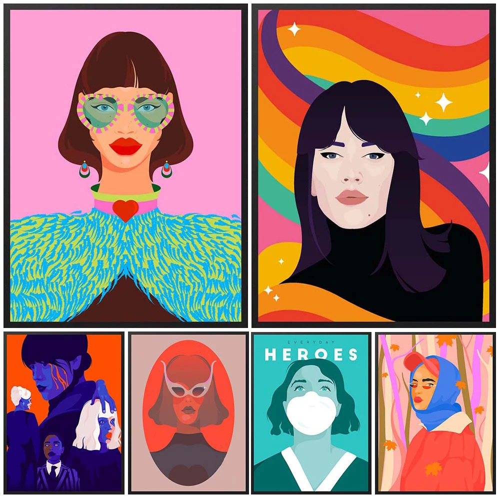

Minimalist Girl Cartoon Woman Portrait Poster Wall Art Canvas Painting Home Decor Wall Pictures For Living Room Unframed