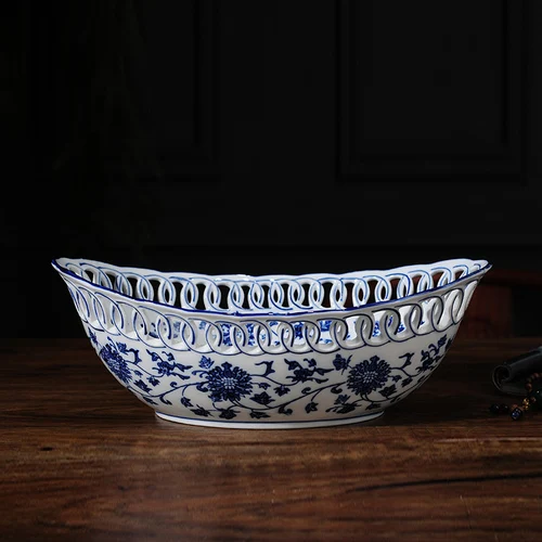 Chinese Style Blue and White Ceramic Fruit Plate Ingot Shaped Dinner Refreshment Tray Snack Salad Bowl Dish