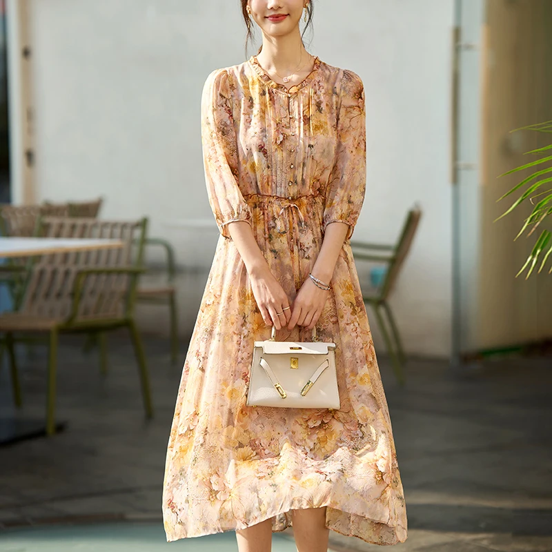 New Elegant Fashion Dresses for Women 2026 Summer 100% Real Silk Women's Vintage Dress A-line Floral Print Woman Long Dress