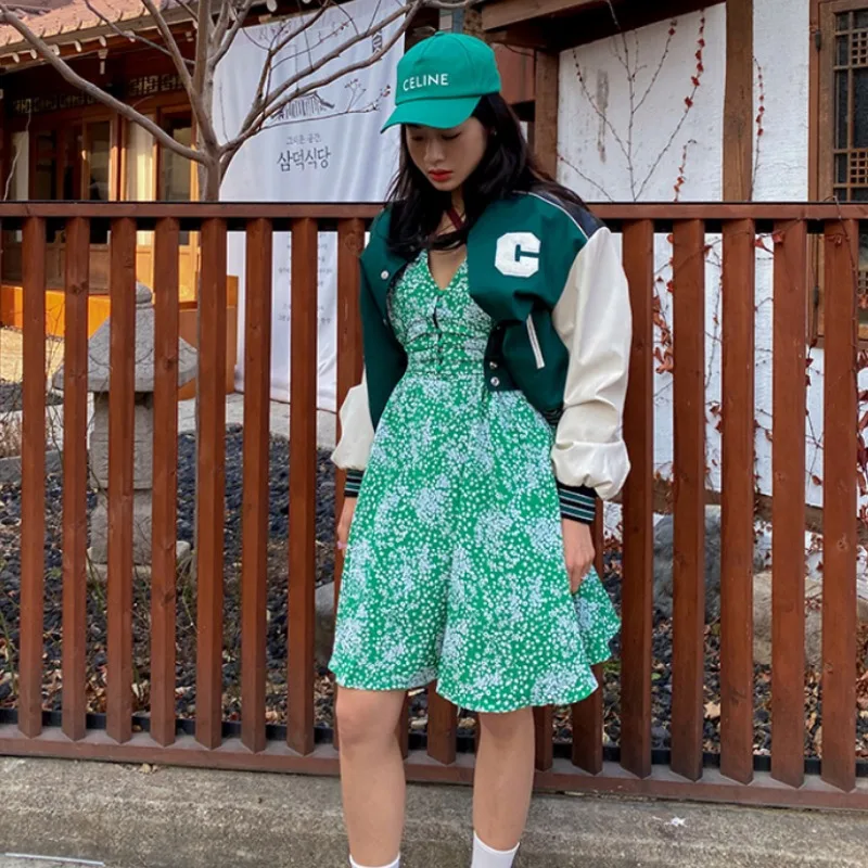 Retro kwiatowy wzór, dekolt w serek, wysoki stan, wyszczuplający, na przerwę na herbatę, elegancki, damski, wiosenny, nowy, styl koreański, swobodny, elegancki.