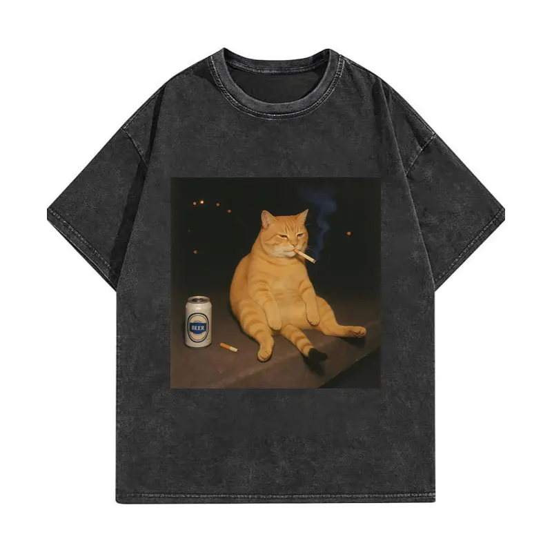 

Забавные футболки с мемами котиков-курильщиков, мужская и женская одежда, винтажная футболка с эффектом потертости, летняя повседневная хлопковая футболка с коротким рукавом, уличная одежда