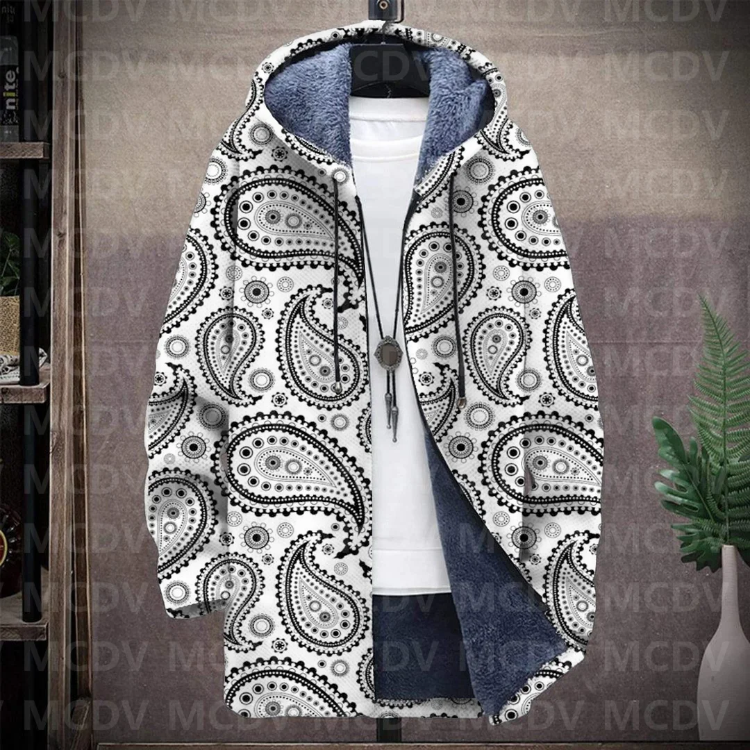 

Men's Retro Print Plush Thick Long-Sleeved Coat Cardigan Paisley 3D Prined Fleece Hooded Overcoat Unisex Thick Warm Jacket