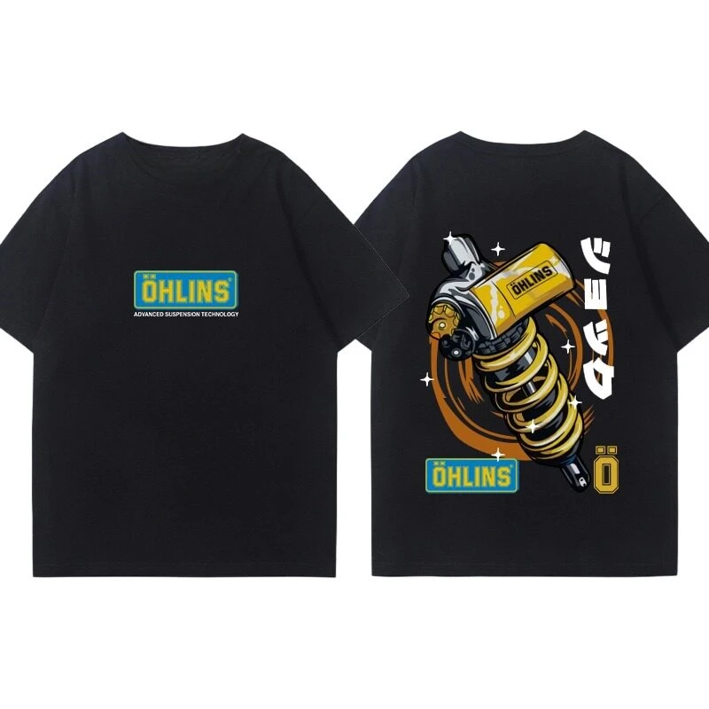 Y2k OHLINS Motorcycle Shock Absorber Modified Cotton Short-sleeved T-shirt for Male Motorcycle Enthusiasts Club view 6