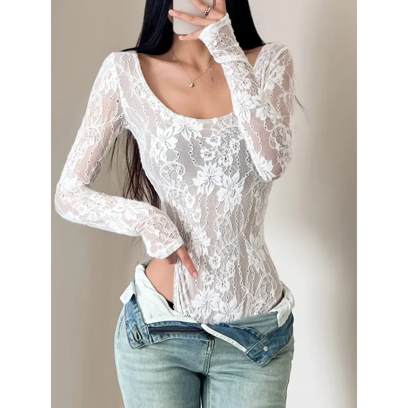 Women's Long Sleeve Lace Bodysuit Elegant U-Neck Slim Fit Leotard Top Sexy Party Daily Innerwear Blouse