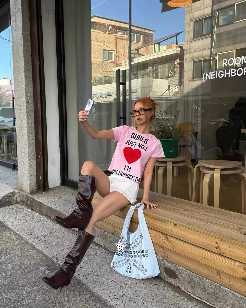 

ort Sve футболка со стразами и принтом в виде сердца, повседневный свободный летний топ для женщин, креативный дизайн, круглая футболка Ne