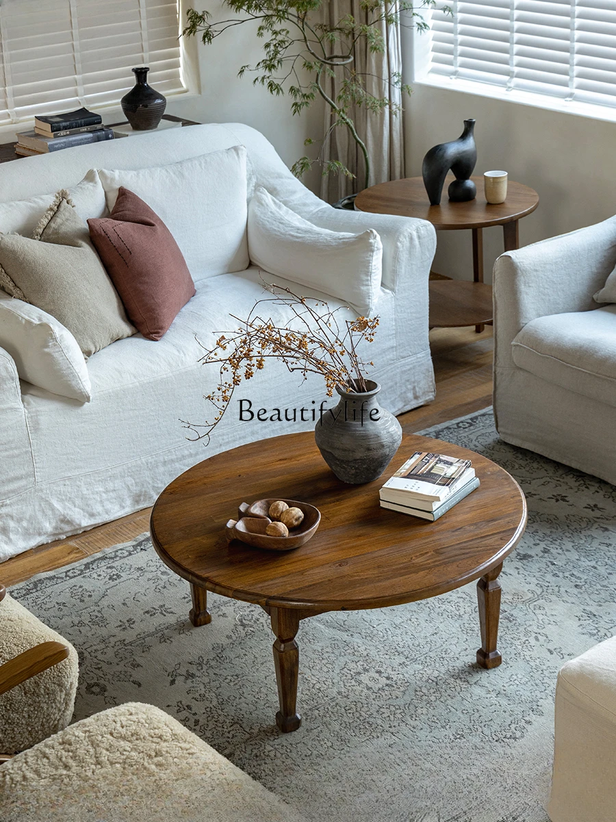 オールドポメロコーヒーテーブル\わびさびレトロスタイルオール無垢材ラウンドベッドアンドブレックファストリビングルームティーテーブル