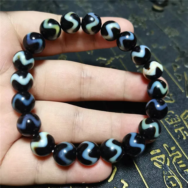 Fine Water Wave Dzi Beads Bracelet 10mm Natural Agate Ji Powerful Amulet Collectible High Quality