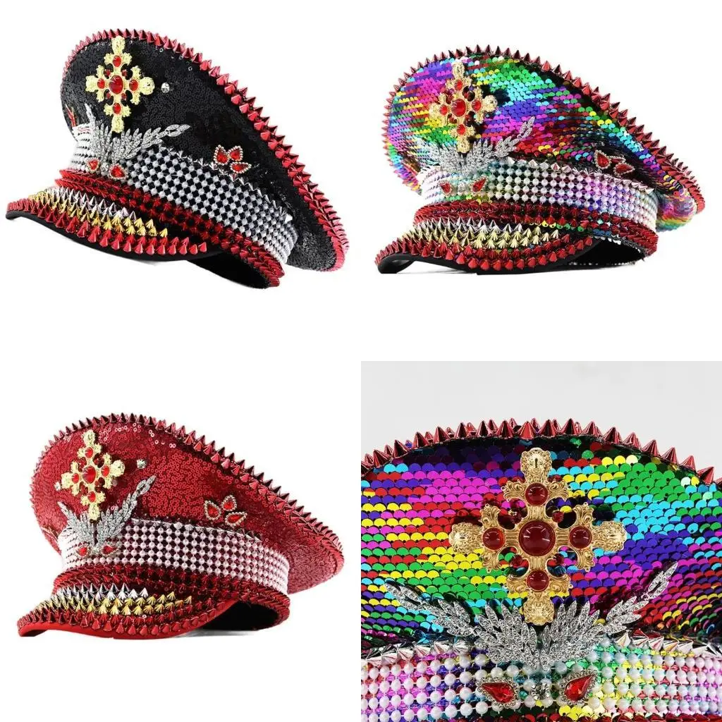 

P9FE Versatiles Studded Navies Hat Sequins Embellished Captain Hat Stylish Hat